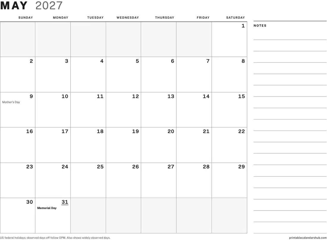 May 2027 calendar, printable with US holidays, Large boxes with notes design, landscape