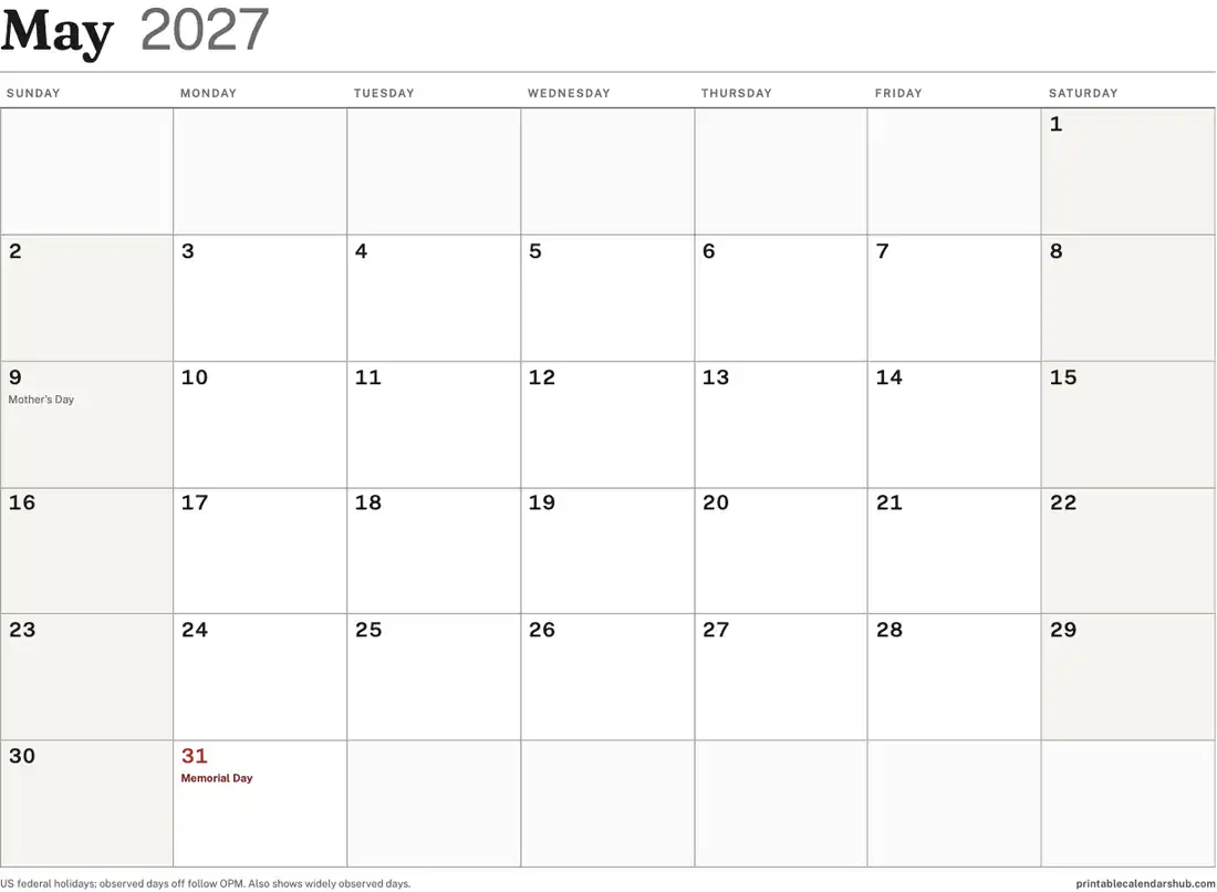 May 2027 calendar, printable with US holidays, Classic grid design, landscape