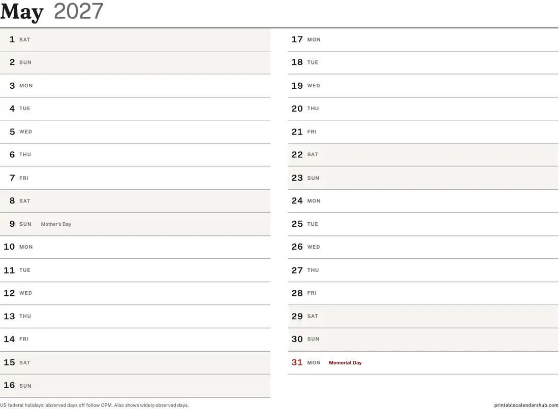 May 2027 calendar, printable with US holidays, Vertical list design, landscape