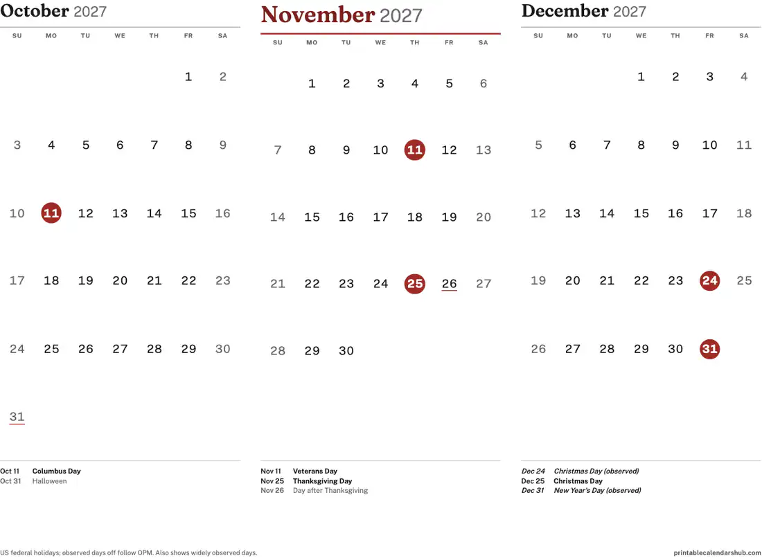 November 2027 calendar, printable with US holidays, 3-month view design, landscape