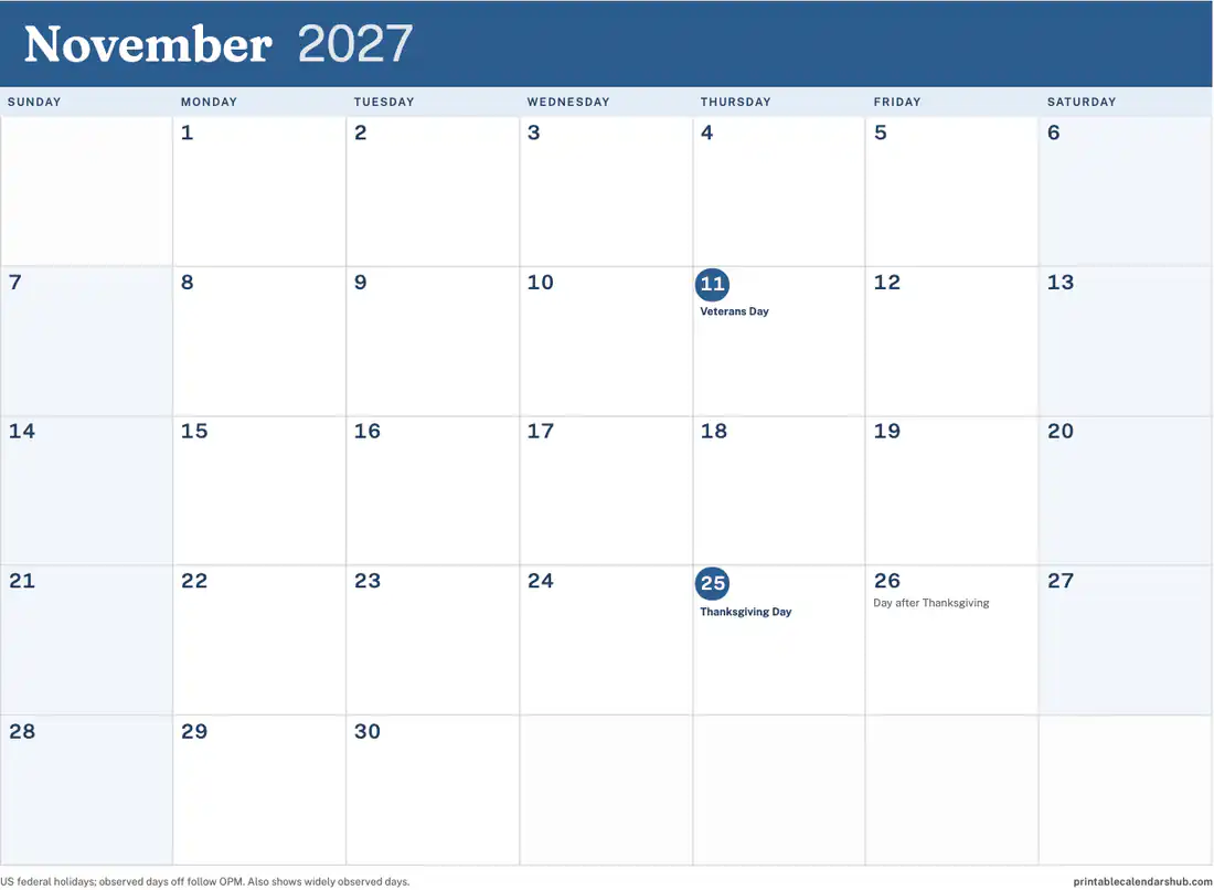 November 2027 calendar, printable with US holidays, Color accent design, landscape