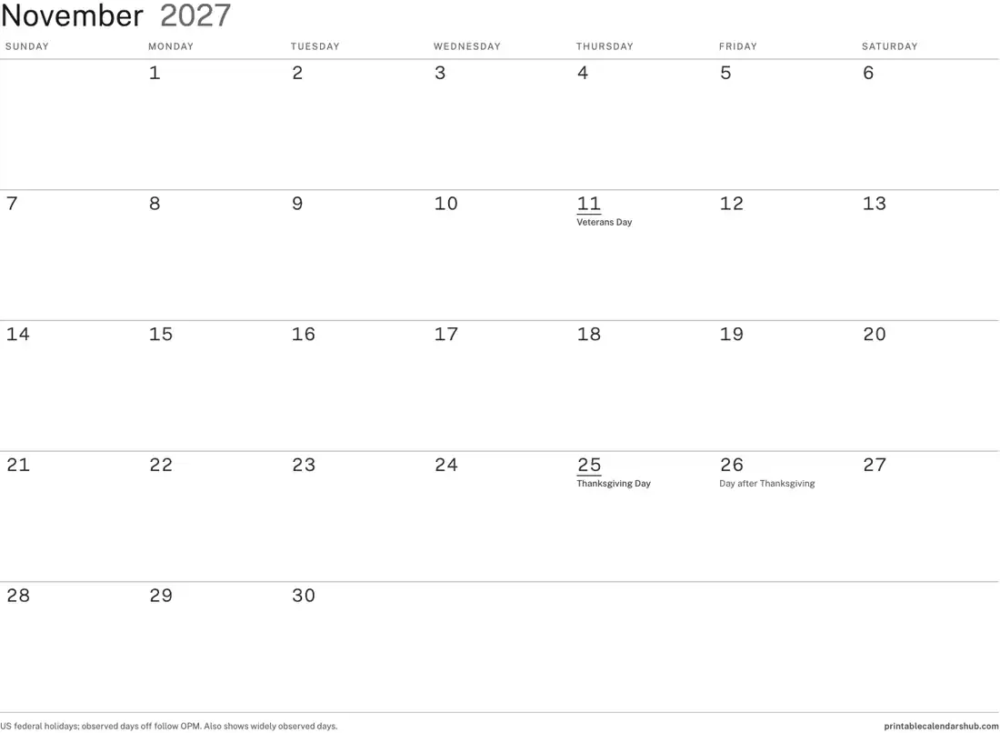 November 2027 calendar, printable with US holidays, Minimal ink-saver design, landscape
