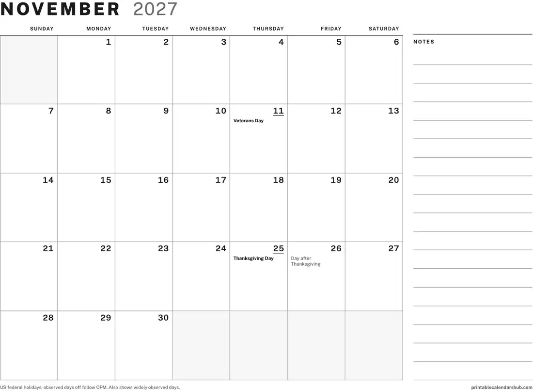 November 2027 calendar, printable with US holidays, Large boxes with notes design, landscape
