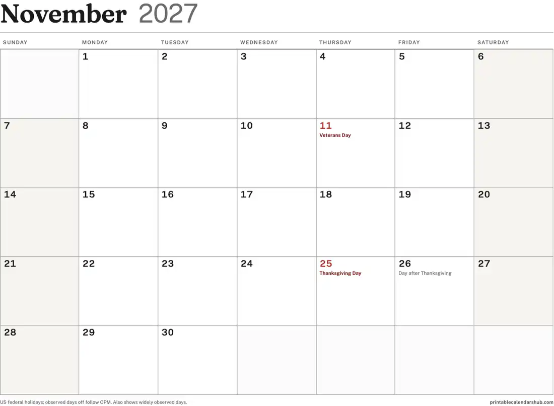 November 2027 calendar, printable with US holidays, landscape