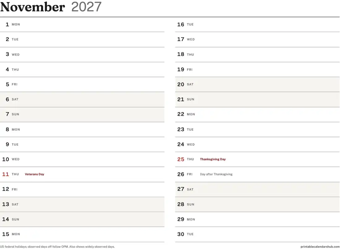 November 2027 calendar, printable with US holidays, Vertical list design, landscape