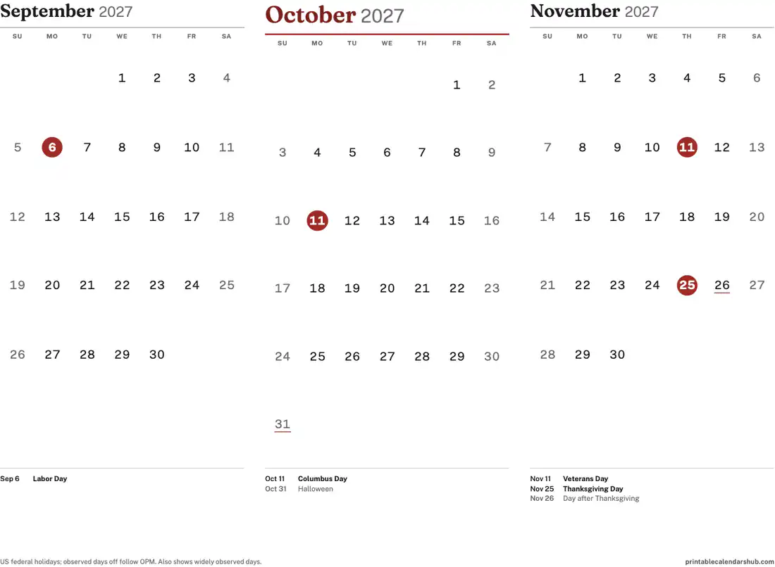 October 2027 calendar, printable with US holidays, 3-month view design, landscape
