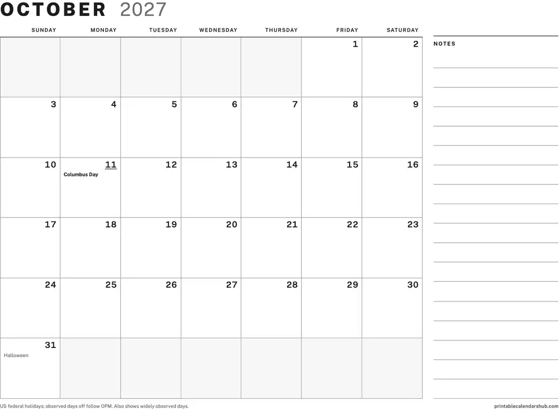 October 2027 calendar, printable with US holidays, Large boxes with notes design, landscape