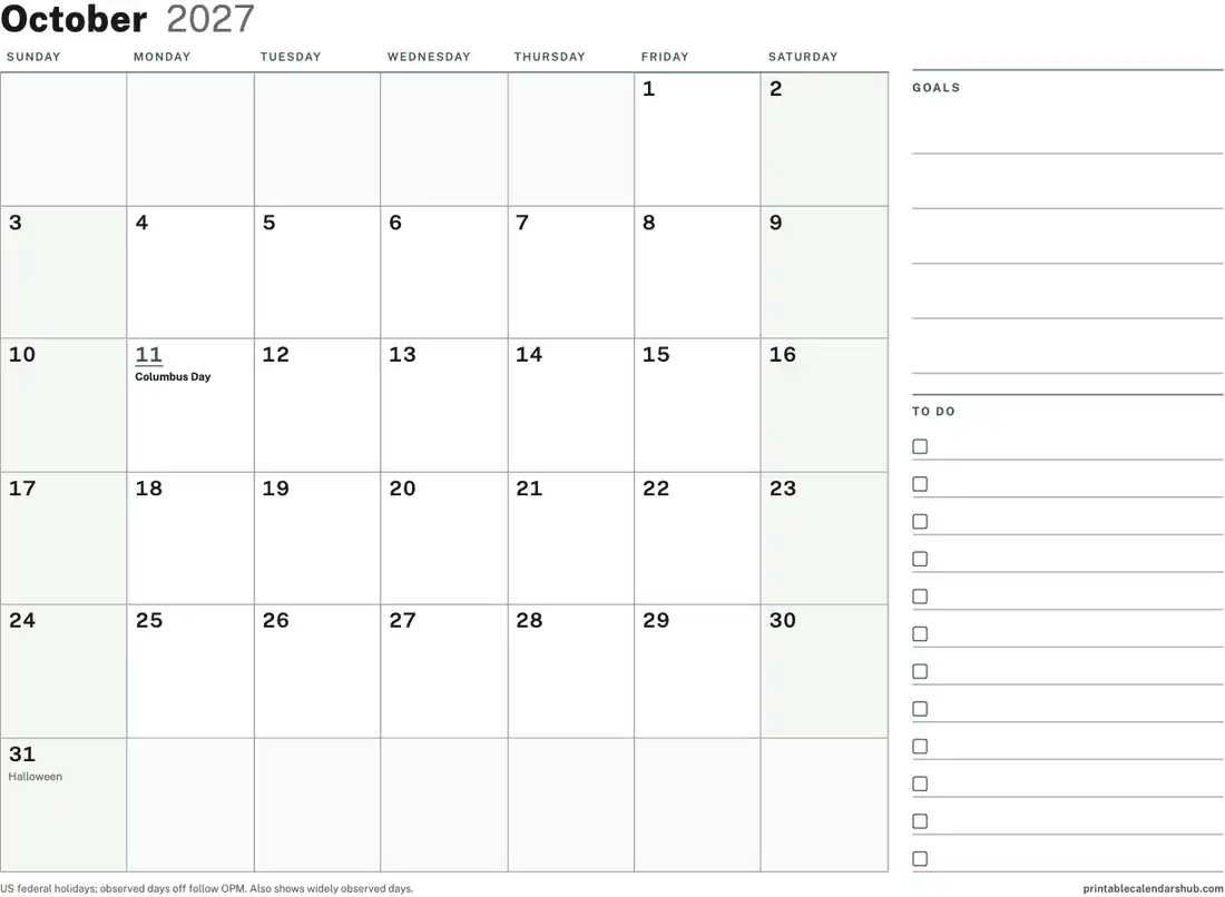 October 2027 calendar, printable with US holidays, Planner with to-do column design, landscape