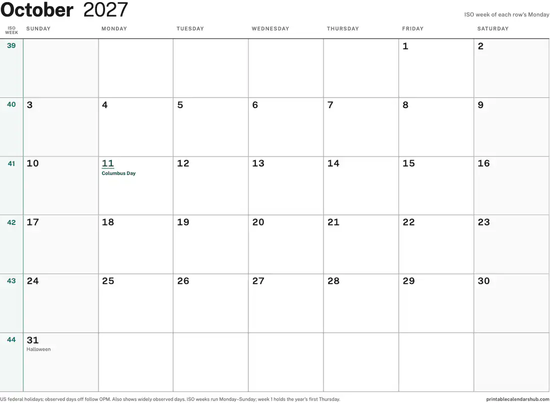 October 2027 calendar, printable with US holidays, ISO week numbers design, landscape