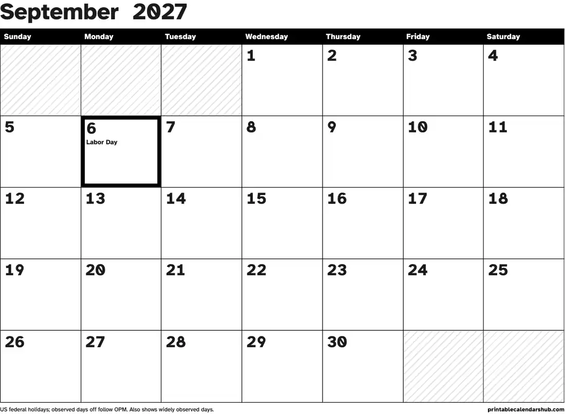 September 2027 calendar, printable with US holidays, Large print, high contrast design, landscape