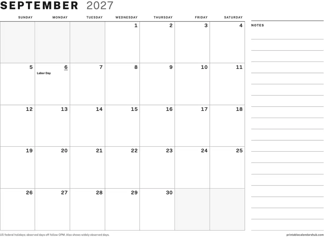 September 2027 calendar, printable with US holidays, Large boxes with notes design, landscape
