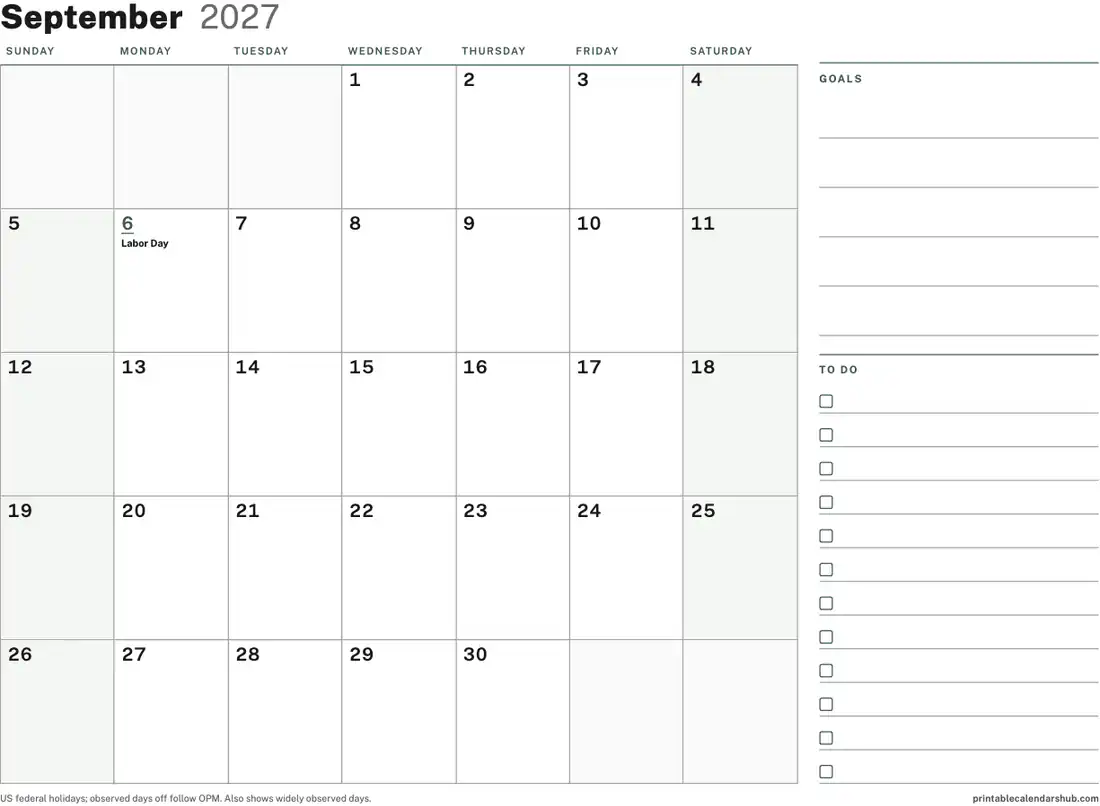 September 2027 calendar, printable with US holidays, Planner with to-do column design, landscape