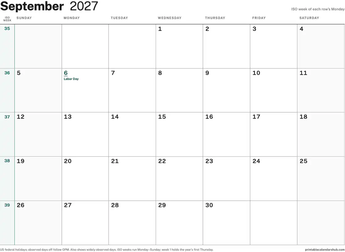 September 2027 calendar, printable with US holidays, ISO week numbers design, landscape