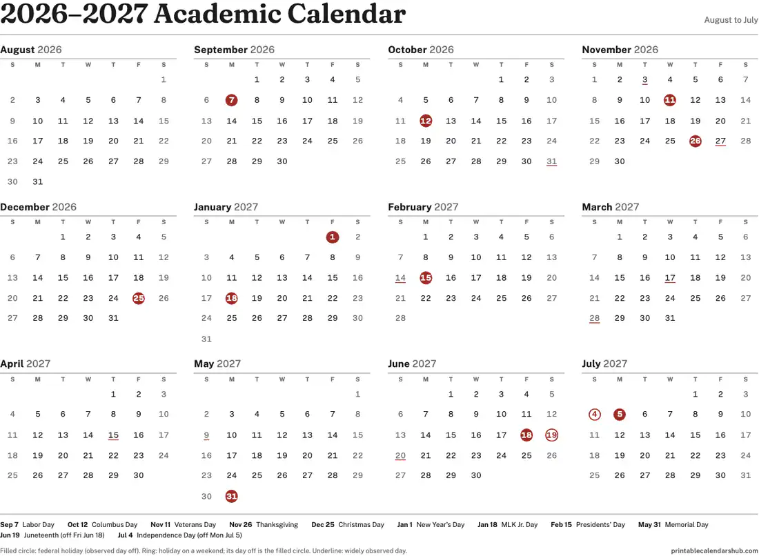 2026–2027 academic calendar, August to July, one page, landscape