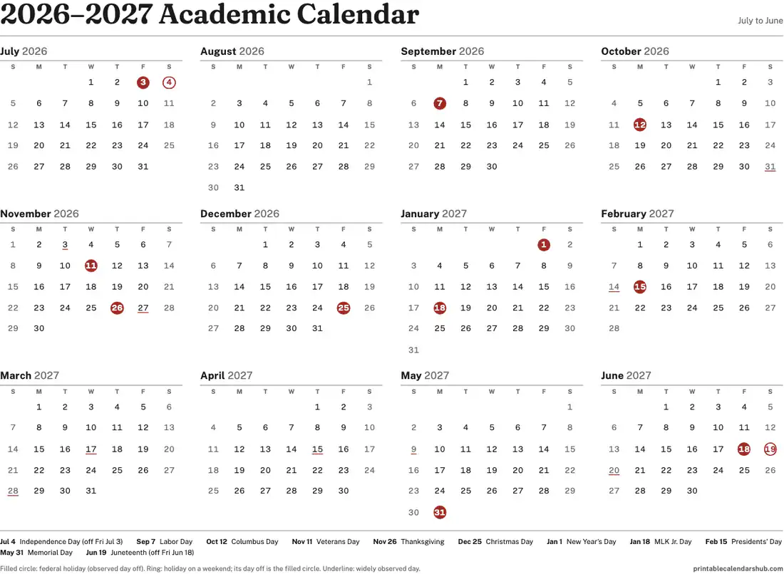 2026–2027 academic calendar, July to June, one page, landscape