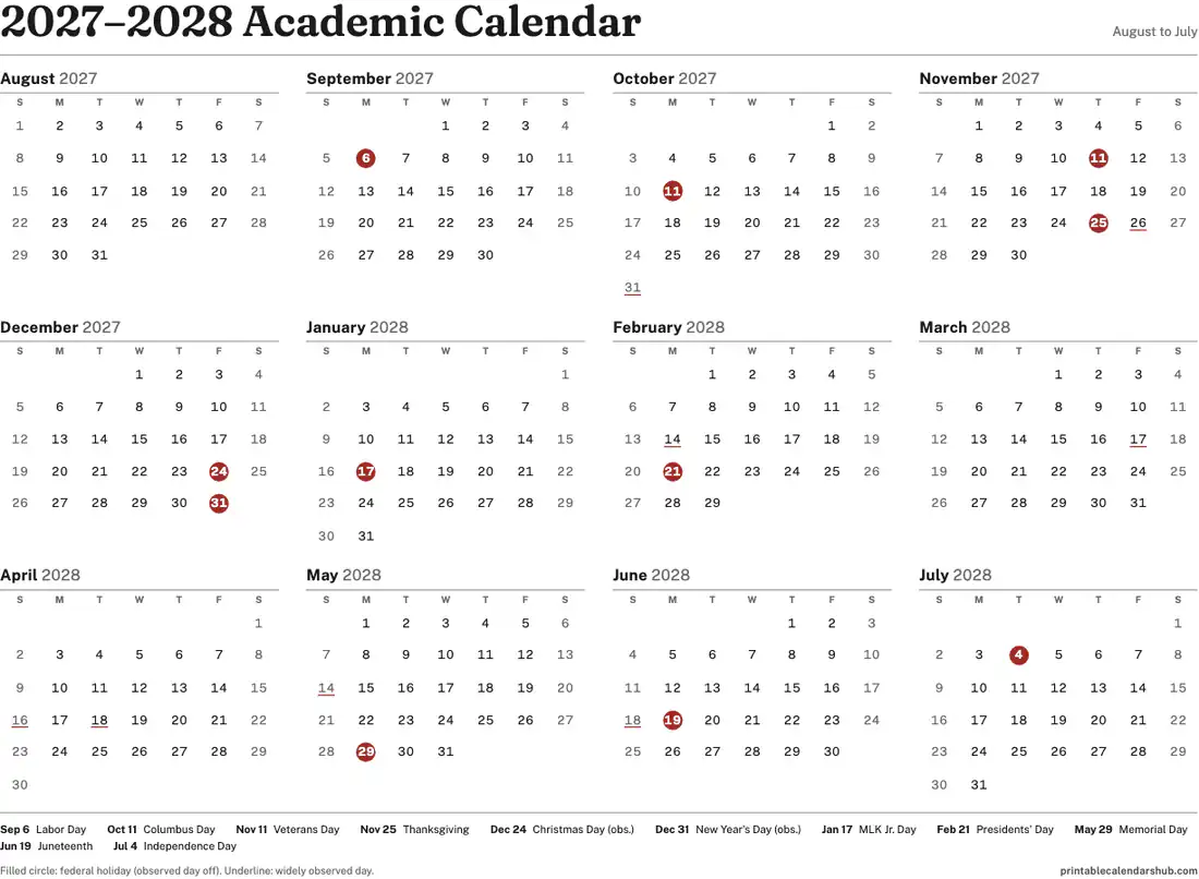 2027–2028 academic calendar, August to July, one page, landscape