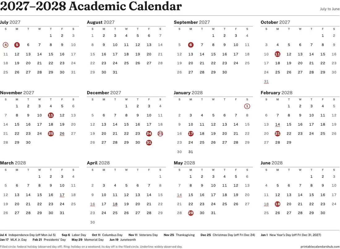 2027–2028 academic calendar, July to June, one page, landscape