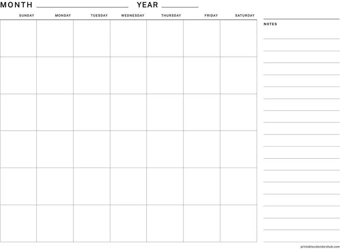 Blank calendar template, monthly grid with a notes column, landscape