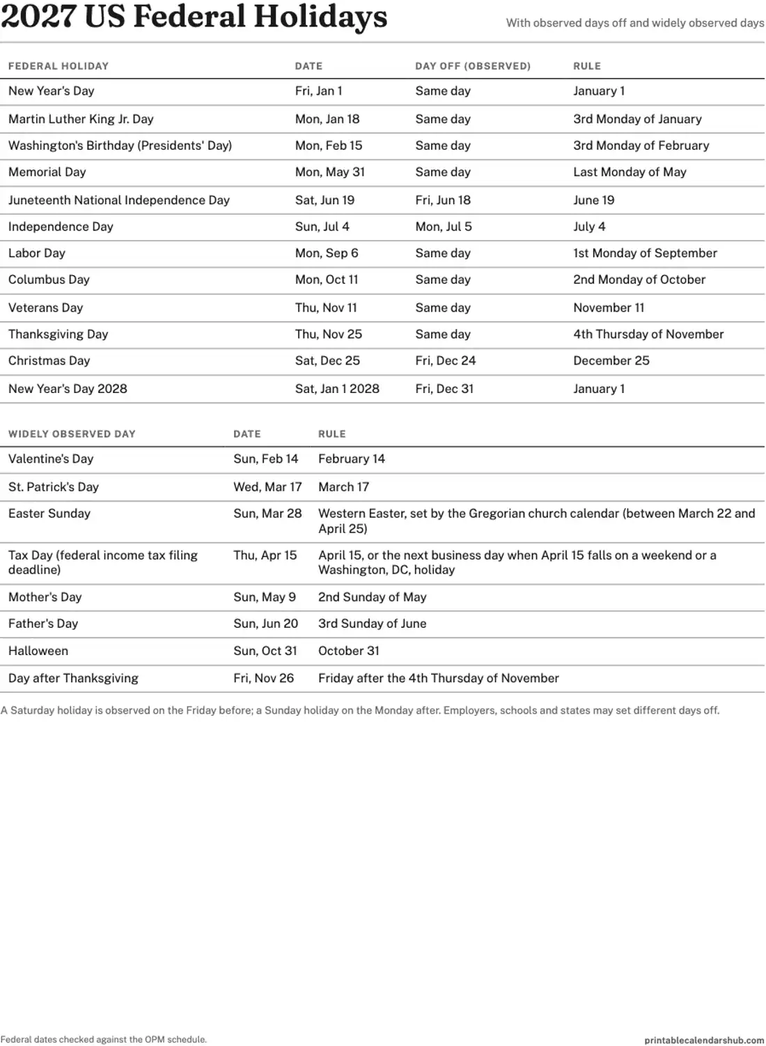 2027 US federal holidays printable list