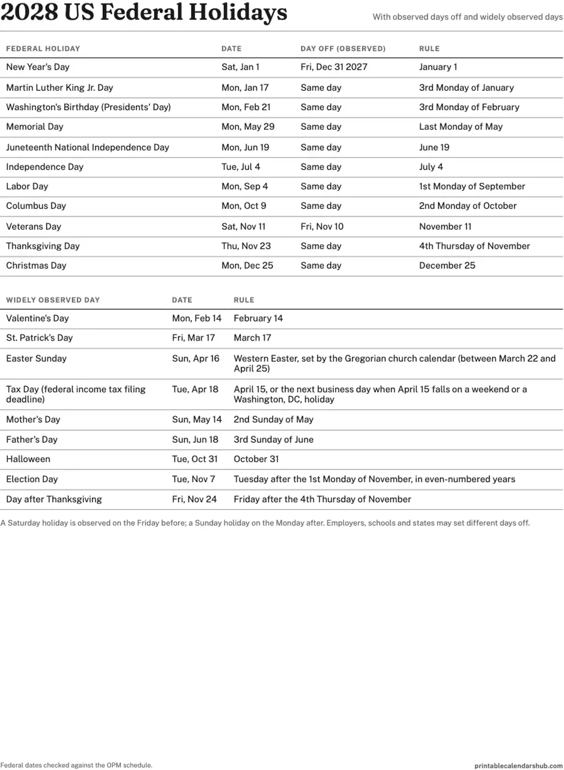2028 US federal holidays printable list