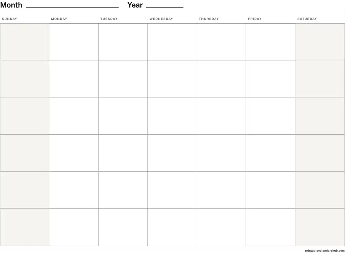 Editable monthly calendar template, landscape