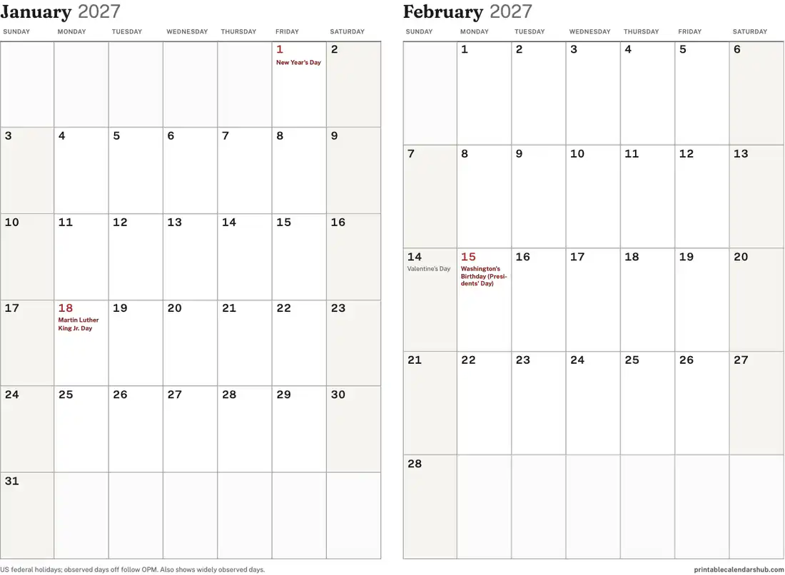 January and February 2027 two-month calendar, printable with US holidays