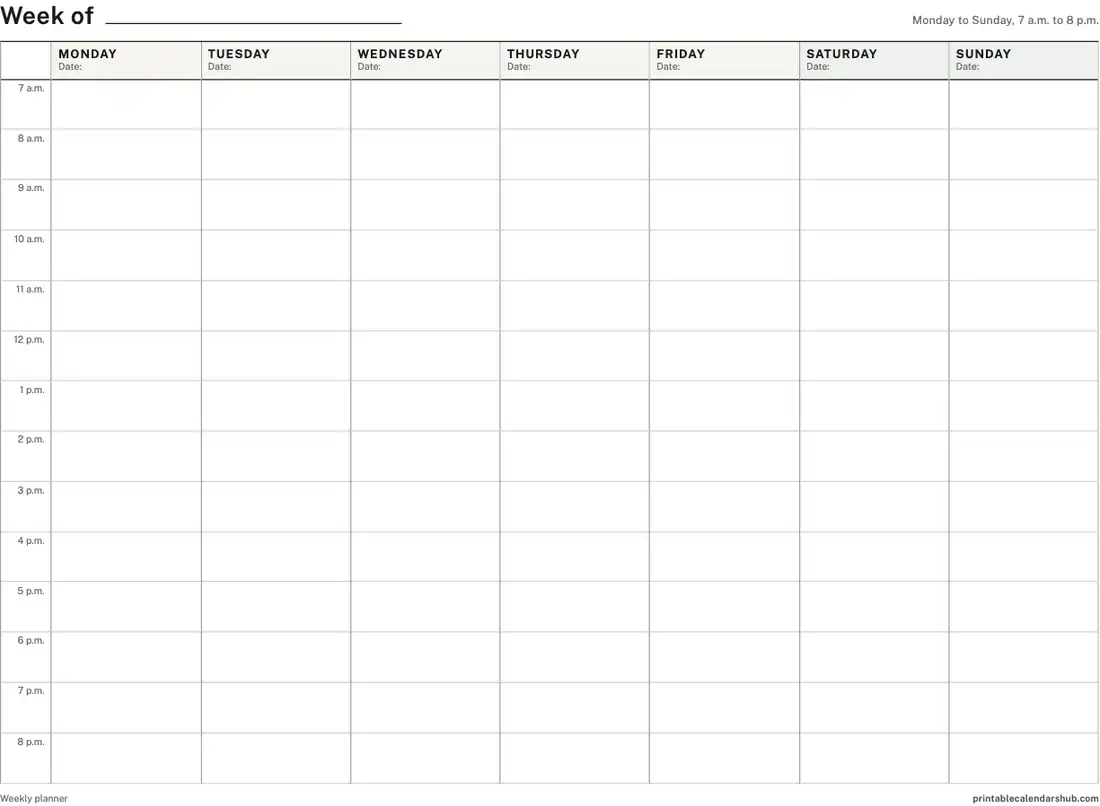 Printable weekly calendar, Monday to Sunday, hourly, landscape