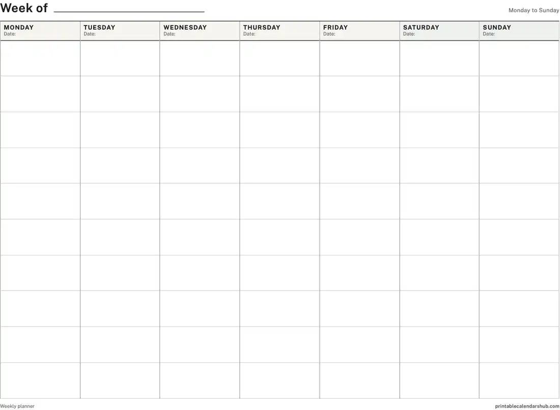 Printable weekly calendar, Monday to Sunday, landscape